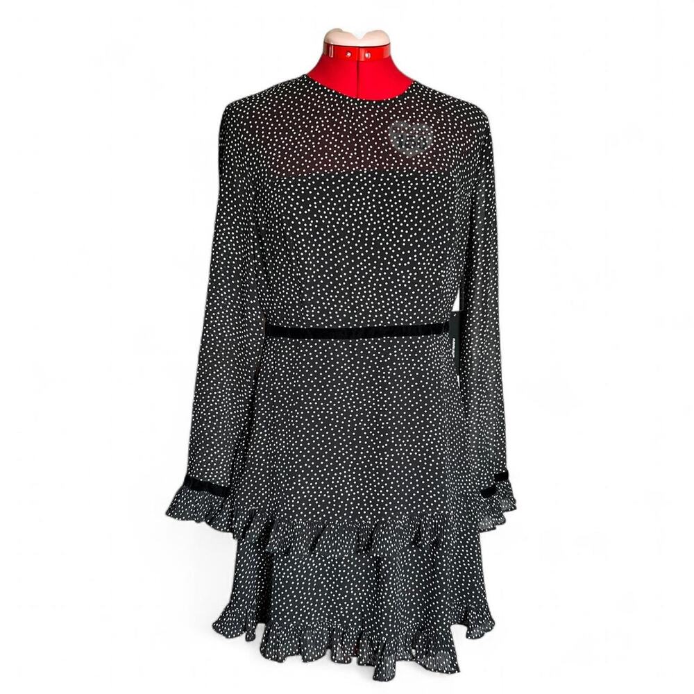 Lulus Black White Polka Dot Long Sleeves Dress & Tiered Ruffle Skirt Size Medium